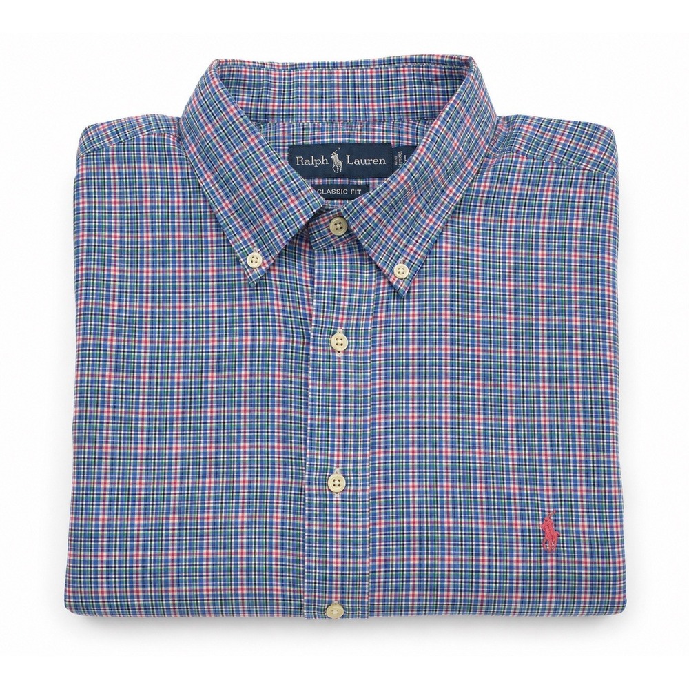 Ralph Lauren Classic Fit Button Down Shirt Mens 2XB Blue Plaid Cotton Pony EUC